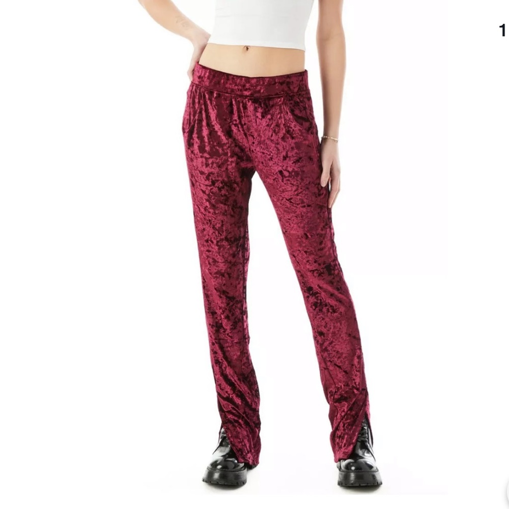 Emma & Sam Crushed Velvet Side Slit Pants Berry